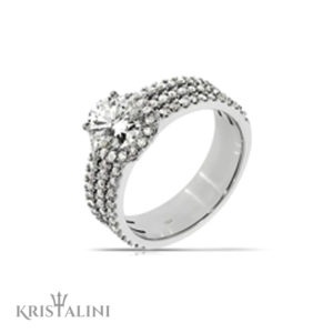 Soliatire Halo Diamond Engagement Ring set with three rows of Diamonds on the sides